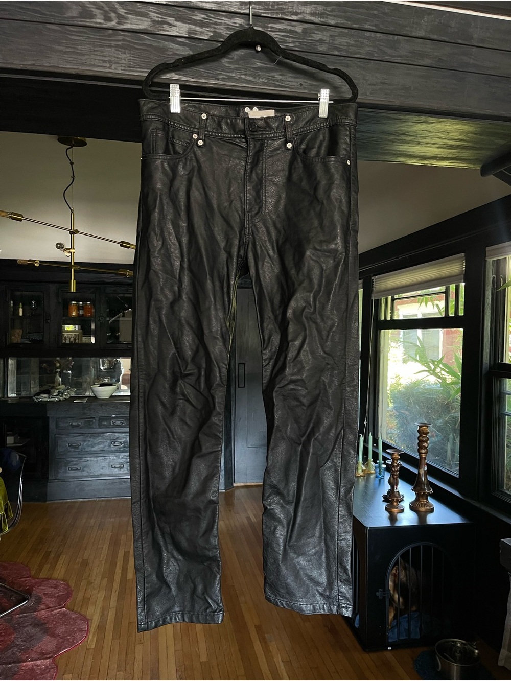 Men's Black Straight Leather-Look Jeans